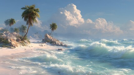 Serene Beach Landscape with Palm Trees and Gentle Ocean Waves