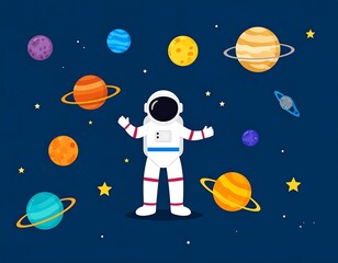 A cartoon astronaut floats amongst various colorful planets and golden stars in the deep, dark expanse of the cosmos