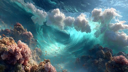 Vibrant Ocean Wave Crashing Over Colorful Coral Reef Landscape