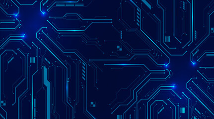 Bright blue electronic board layout featuring illuminated circuits. Ideal for advanced tech background themes.