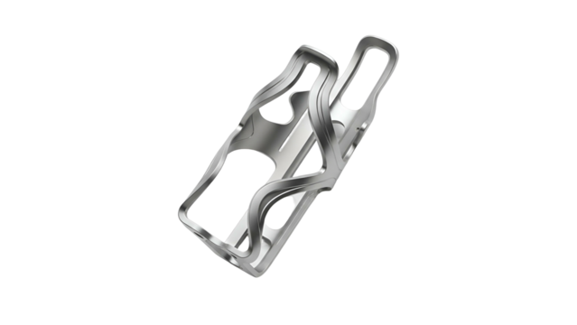 A shiny, metallic, open-frame holder for a water bottle, on a plain black background