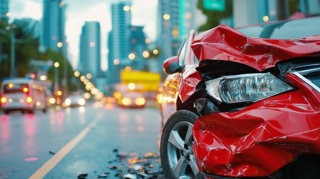A close-up view of a damaged red car emblematic of urban accidents in a bustling city environment.