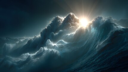 Majestic Ocean Waves Under Dramatic Sunlight At Dusk