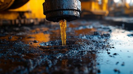 A close-up shot capturing the extraction of crude oil from the ground. Focus on the liquid and extraction process, suitable for illustrating energy, industry, or environmental themes.
