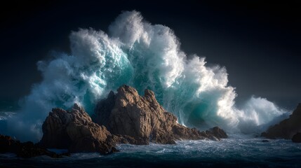 Majestic Ocean Wave Crashing Against Rugged Rocky Coastline at Sunset