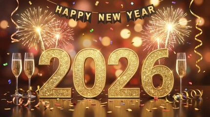 Happy New Year Celebration 2026 - Sparkling gold 2026 with champagne flutes, confetti, and fireworks. Celebrating the new year with festive decorations