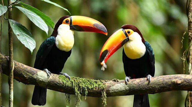 Adorable pair of toco toucans perching on a mossy branch in a tropical jungle, with one bird delicately feeding the other, showcasing a beautiful courtship and bonding behavior in the wild