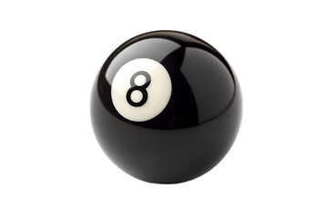 Classic black eight-ball with a distinct white circle and bold number eight, perfectly isolated on a pristine white background, representing strategy, luck, and the essence of billiards