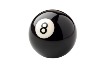Classic black eight-ball with a distinct white circle and bold number eight, perfectly isolated on a pristine white background, representing strategy, luck, and the essence of billiards