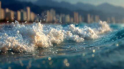 Ocean Waves Sparkling Under Sunlight with Cityscape in Background
