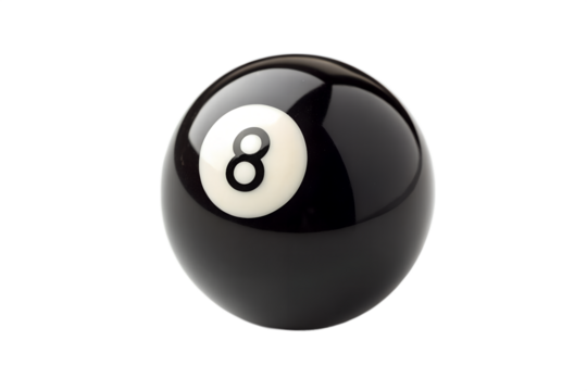 Classic black eight-ball with a distinct white circle and bold number eight, perfectly isolated on a pristine white background, representing strategy, luck, and the essence of billiards