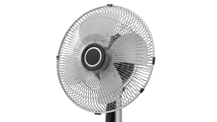 Close-up of a silver electric fan against a black background