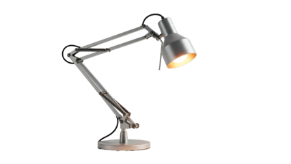 Articulated metal desk lamp with a lit, focused shade against a black background