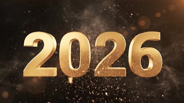 A visually striking presentation features the bold, three-dimensional golden numbers "2026" against a captivating dark background. Shimmering particles, fine dust, and subtle smoke effects gracefully 