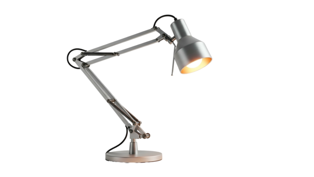 Articulated metal desk lamp with a lit, focused shade against a black background