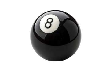 A glossy black eight-ball, with its white number '8', professionally photographed in a studio. Essential for pool and billiards, it embodies strategy, precision, and game climax