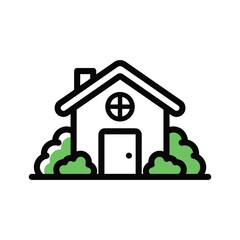 Fototapeta premium Simple line art icon of a small house with green bushes, isolated on
