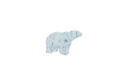 Magnificent geometric crystalline ice polar bear sculpture resting on pristine snow against a blinding white high-key infinity background, commercial winter luxury concept