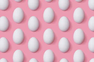 Repeat design of white eggs over pink background, creative flat lay from natural organic Chicken egg, minimal pastel pattern, for packaging and social media display, Easter food celebration concept.