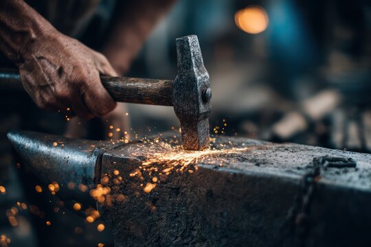 Forging Metal with Sparks in a Dark Workshop