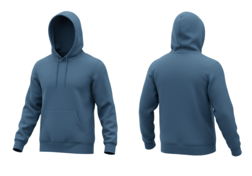 Two blank cerulean blue cotton fleece unisex hoodie mockups (front and back view) with ribbed cuffs, isolated on a white studio backdrop, photorealistic 100mm macro detail, high-end e-commerce