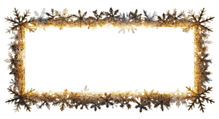 hyperrealistic ornate golden frame of glowing snowflakes and icy structures, macro detail on reflective metallic filigree, deep indigo background with strong bokeh and white copy space Concept for