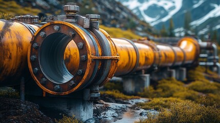 Fototapeta premium A closeup showcases geothermal pipes and equipment in a natural setting. The weathered, yellow pipes run parallel, suggesting a system for energy or resource transportation in a mountainous