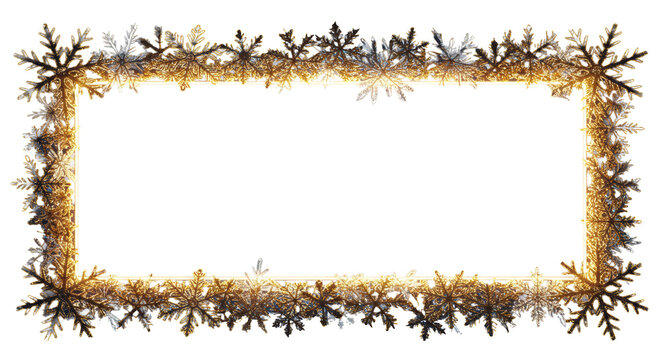 hyperrealistic ornate golden frame of glowing snowflakes and icy structures, macro detail on reflective metallic filigree, deep indigo background with strong bokeh and white copy space Concept for - Powered by Adobe