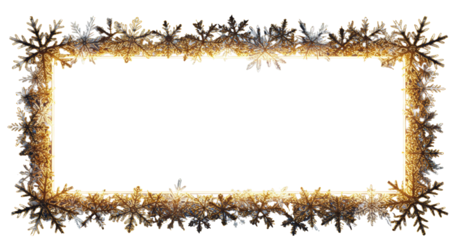 hyperrealistic ornate golden frame of glowing snowflakes and icy structures, macro detail on reflective metallic filigree, deep indigo background with strong bokeh and white copy space Concept for