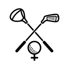 Female golf icon with crossed clubs and a golf ball, representing womens golf, isolated on