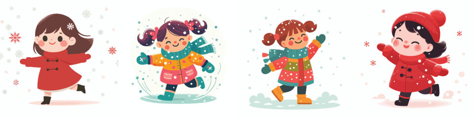 little girl swings arms happily snowing