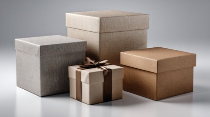 Four square gift containers display varied sizes and neutral earthy tones