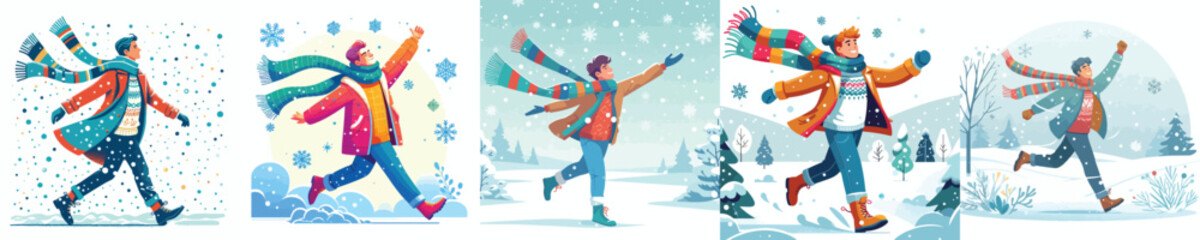 man swings arms happily snowing