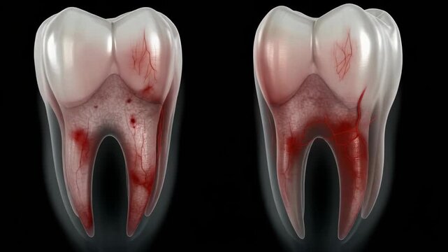 Dental disease illustration showing tooth decay and gum inflammation with transparent enamel and exposed root with inflammation, anatomical cross section.