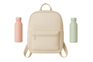 Beige backpack and two pastel water bottles representing minimalist school, travel, or everyday essentials. Transparent background