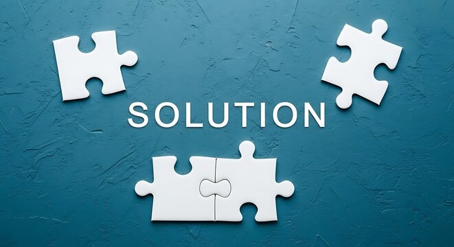 A creative solution is presented with jigsaw puzzle pieces on a textured blue background