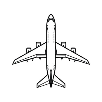 Overhead view of a commercial passenger airplane, a simple black and white line art illustration, isolated on
