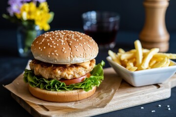 A delicious looking burger with fries and a drink on a wooden board with flowers in the background