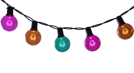 Macro shot of vintage led string lights glowing purple, orange, teal, and magenta in a wavy line, against a clean high-key white background with copy space. Modern holiday atmosphere