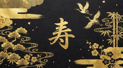 Japanese Traditional Pattern Gold - Golden Japanese pattern featuring cranes, bamboo, and floral designs on a black background. Elegant and auspicious for various cultural themes