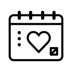 Simple line art icon of a calendar with a heart symbol, representing a special date, anniversary, or romantic event