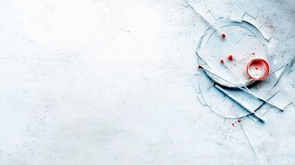 A minimalist abstract composition featuring white geometric shapes and lines, accented with small red droplets and a red container, set against a textured, off-