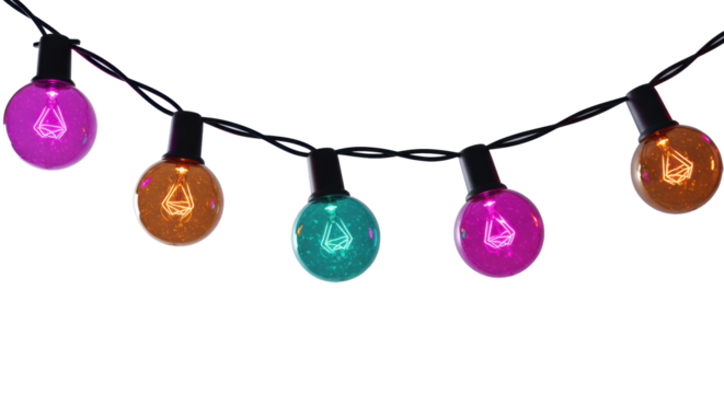 Macro shot of vintage led string lights glowing purple, orange, teal, and magenta in a wavy line, against a clean high-key white background with copy space. Modern holiday atmosphere