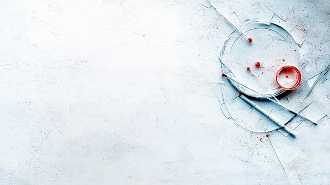 A minimalist abstract composition featuring white geometric shapes and lines, accented with small red droplets and a red container, set against a textured, off-