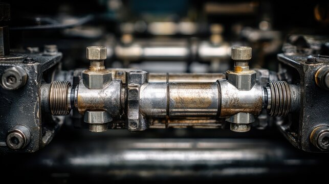 Close-up of shiny mechanical part showcasing detailed metalwork on industrial equipment with nuts and bolts highlighting engineering precision and craftsmanship