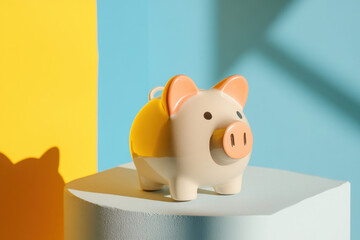 Piggy bank on a colorful background with shadows, saving money concept. A cute piggy bank sits on a blue surface with colorful walls and shadows, representing savings and financial planning.