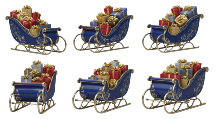 six individual sapphire blue and silver ornate santa sleighs, heavily laden with luxurious wrapped gifts, displayed sharply on a transparent background. luxurious christmas catalog concept