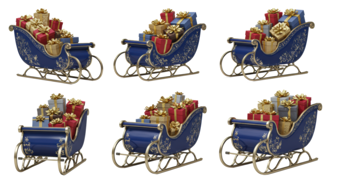 six individual sapphire blue and silver ornate santa sleighs, heavily laden with luxurious wrapped gifts, displayed sharply on a transparent background. luxurious christmas catalog concept