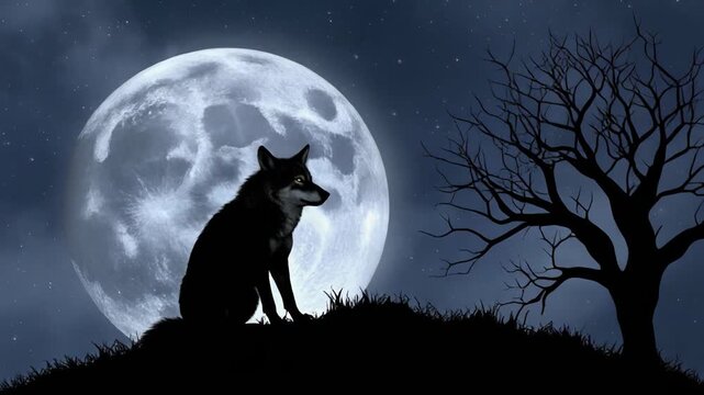 Black wolf sitting silhouette under full moon, standing on grassy hill with bare tree against starry night backdrop