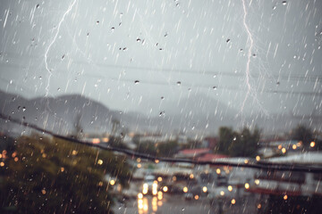 Defocused lightning storm over mountain blurred clouds heavy rain city lights dramatic weather wet street moody atmosphere urban landscape night stormy sky